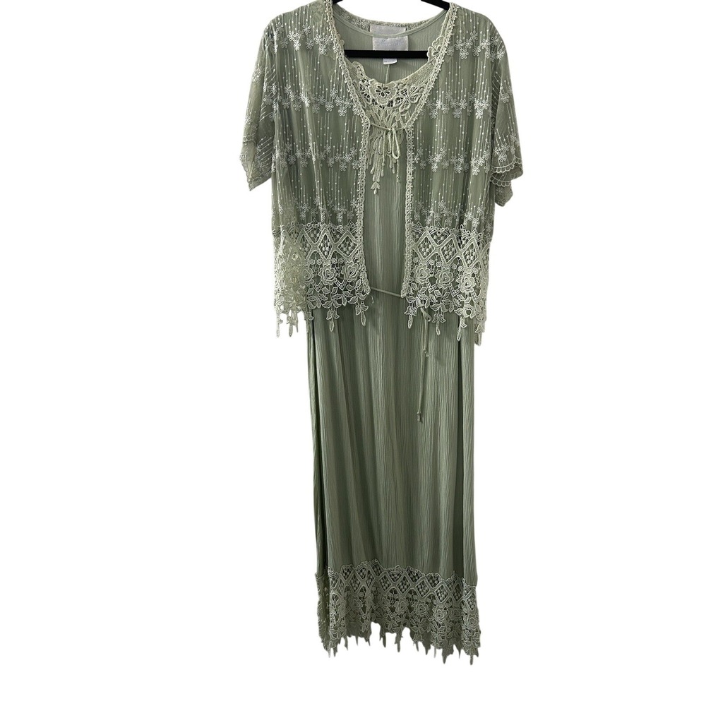 Magnet Art Lace Rayon Maxi Dress Set L Sage Green‎ 2pc Cardigan Boho Cottagecore